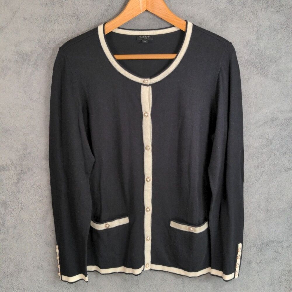 NWOT Talbots Cardigan Sweater Classic Coco Pearl Button Sz X Black Cream Trim